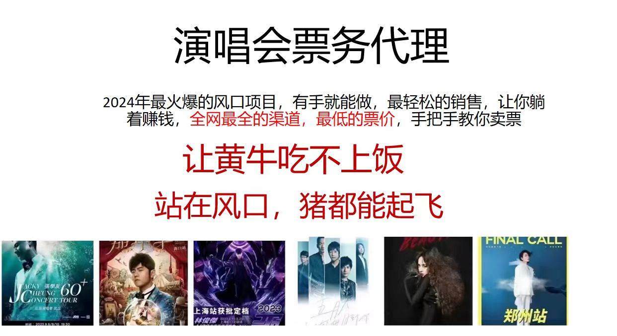 演唱会票务代理,2024年最火爆风口项目,全网最低的票价,小白一分钟上…